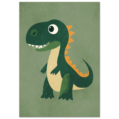 Grön tecknad dinosaurie med orange ryggtaggar på mörkgrön bakgrund