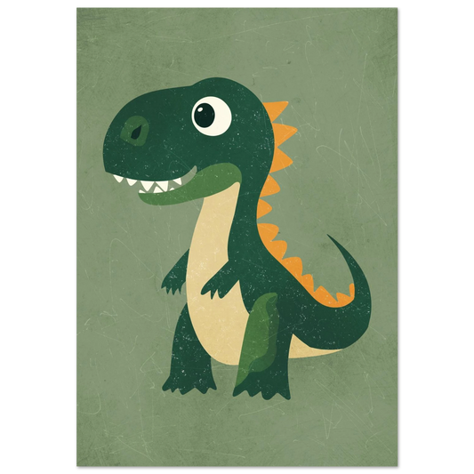 Grön tecknad dinosaurie med orange ryggtaggar på mörkgrön bakgrund