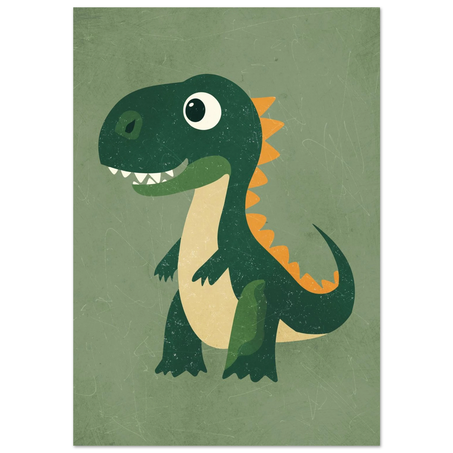 Grön tecknad dinosaurie med orange ryggtaggar på mörkgrön bakgrund