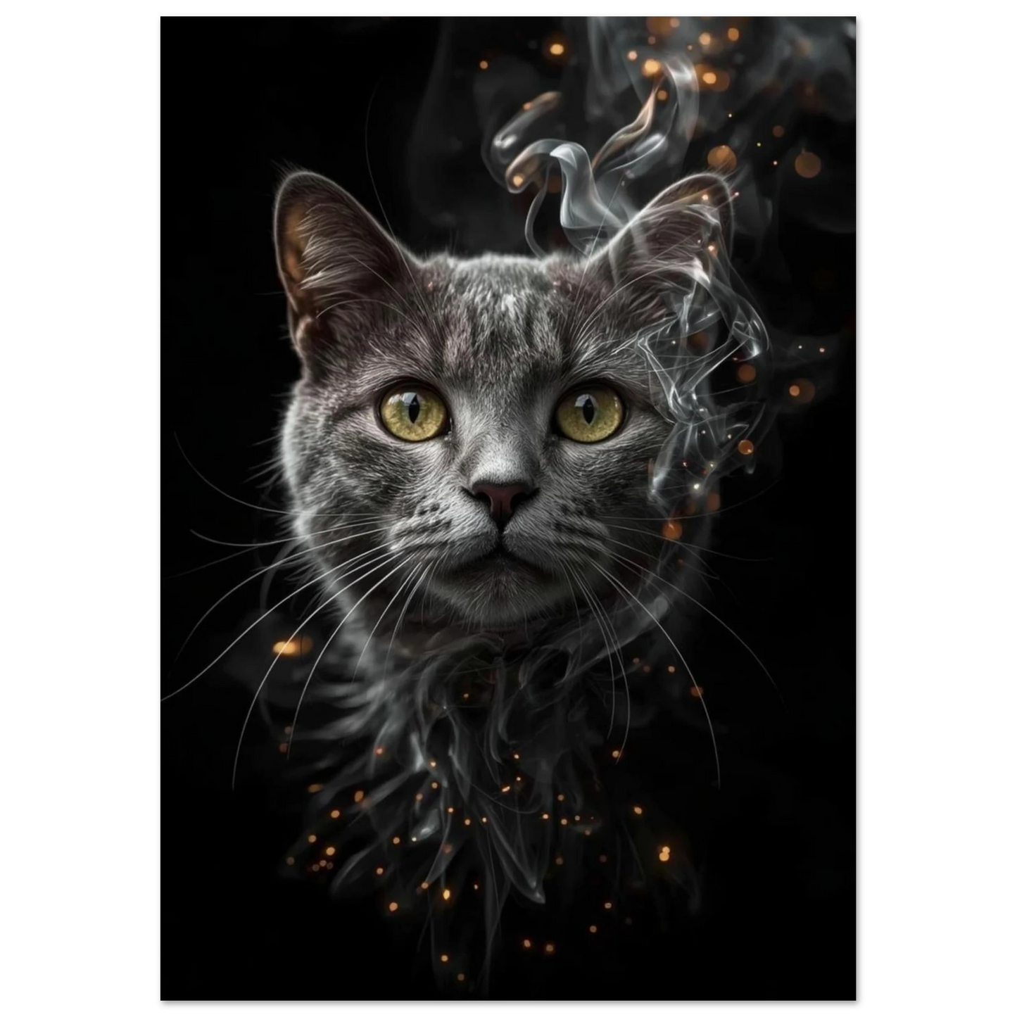 Mytisk kattposter med rökig aura och guldskimmer mot svart bakgrund