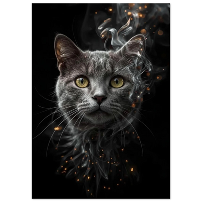 Mytisk kattposter med rökig aura och guldskimmer mot svart bakgrund
