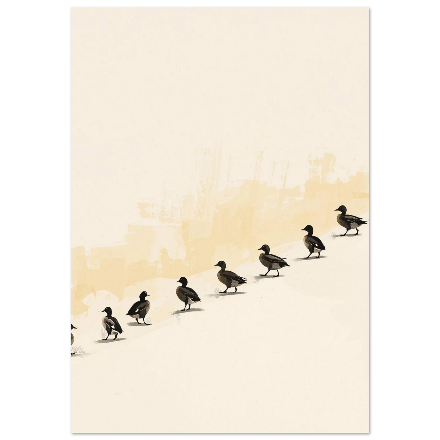 Minimalistisk illustration av sju mörka änder som går på rad mot beige bakgrund