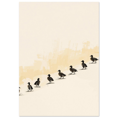 Minimalistisk illustration av sju mörka änder som går på rad mot beige bakgrund
