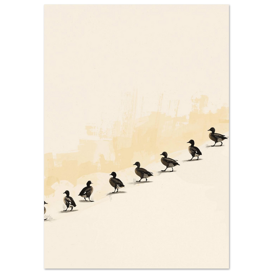 Minimalistisk illustration av sju mörka änder som går på rad mot beige bakgrund