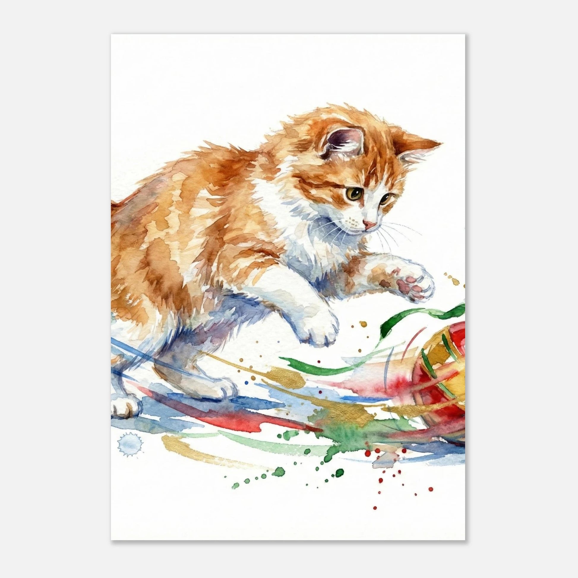 Kattmotiv med orange kattunge som jagar färgglada linjer – modern väggkonst