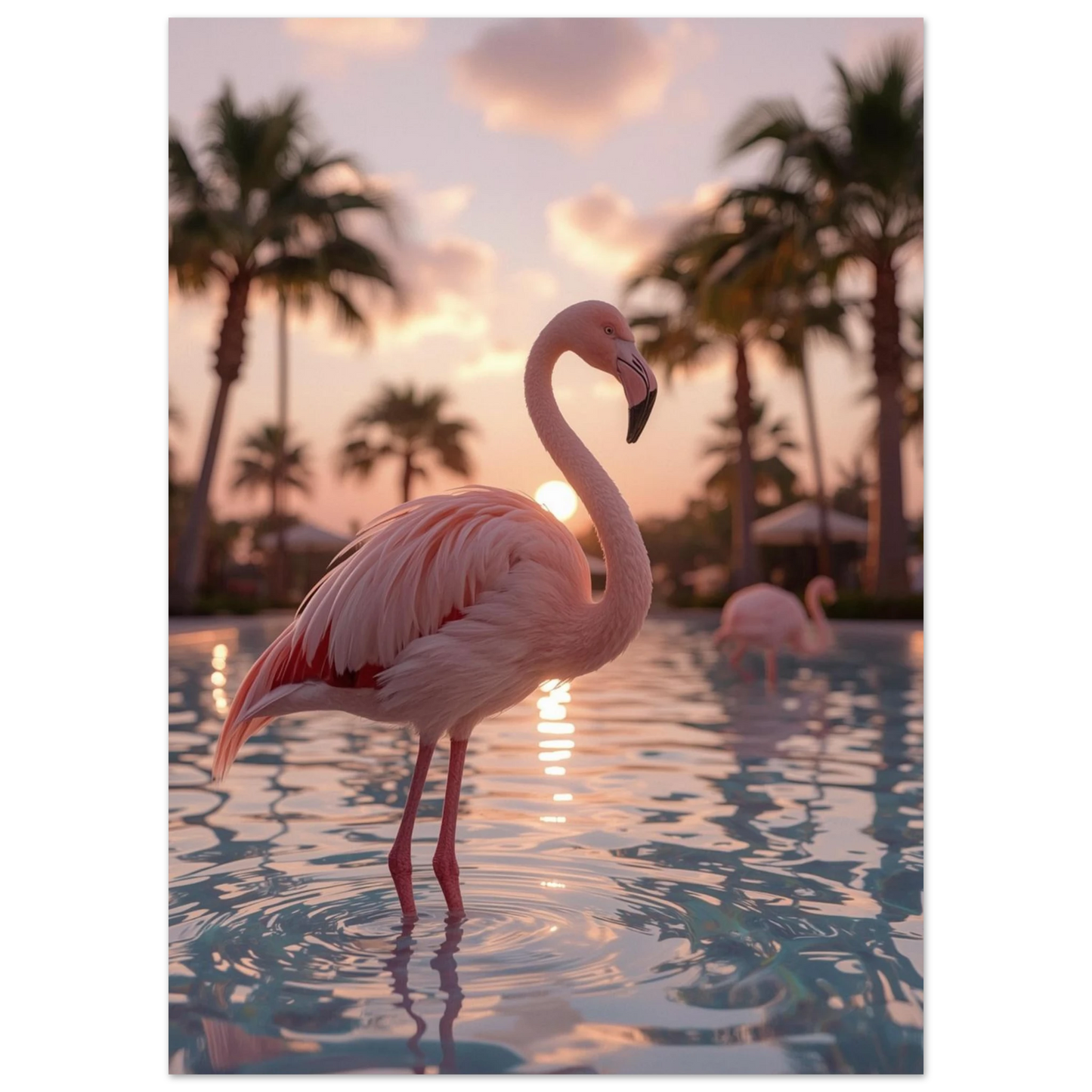 Närbild på flamingo som speglar sig i vatten under gyllene timmen