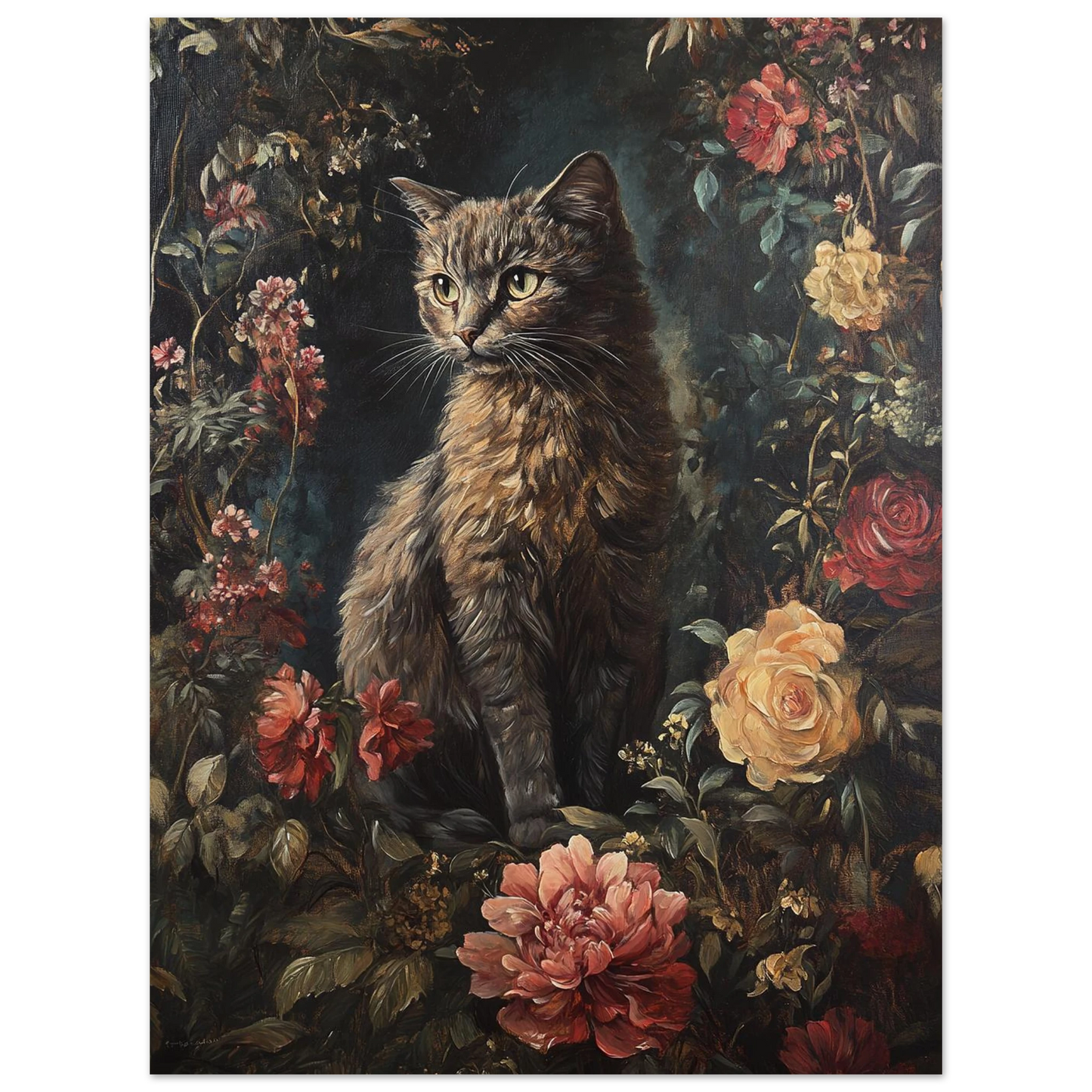 Mörk tavla med katt och botaniska detaljer i klassisk stil