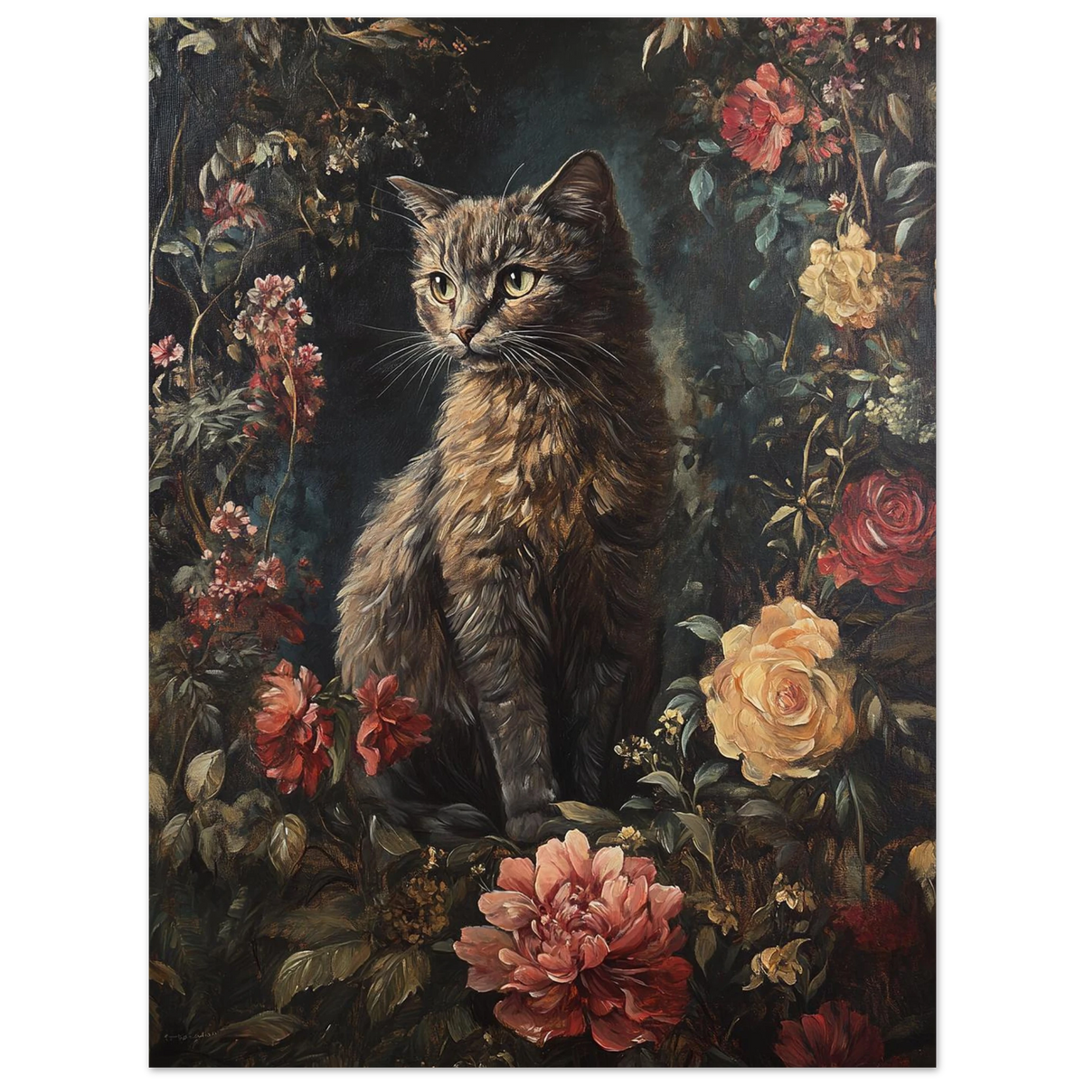 Mörk tavla med katt och botaniska detaljer i klassisk stil