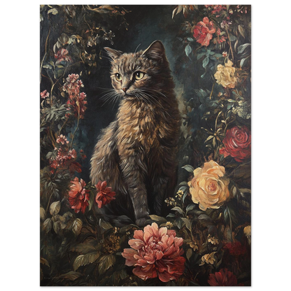 Mörk tavla med katt och botaniska detaljer i klassisk stil