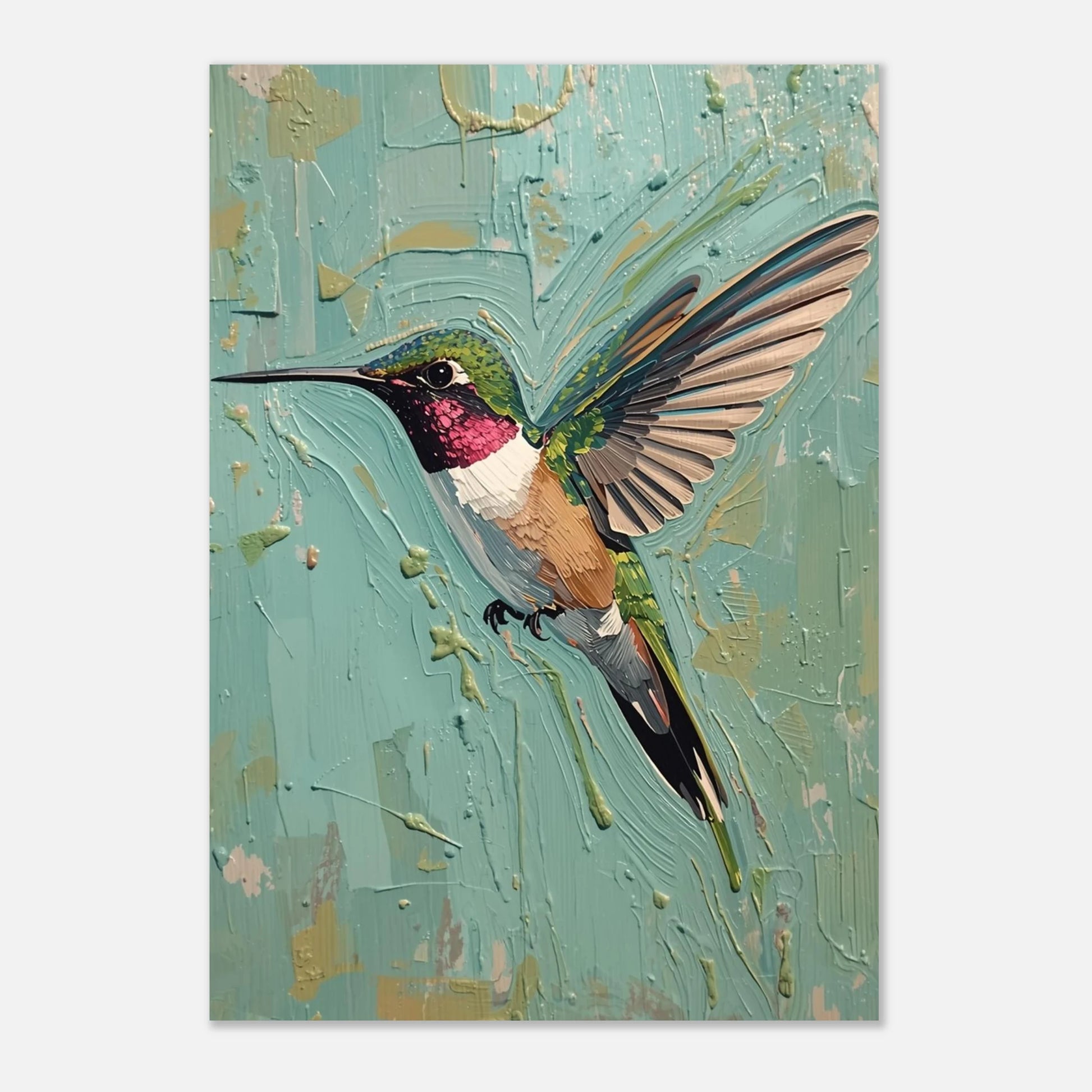 Konsttryck av kolibri i vibrerande färger på strukturerad ljusblå bakgrund