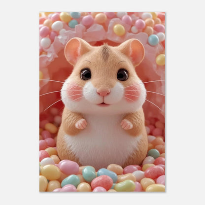 Drömlik illustration av en liten hamster i godislandskap – charmigt djurmotiv