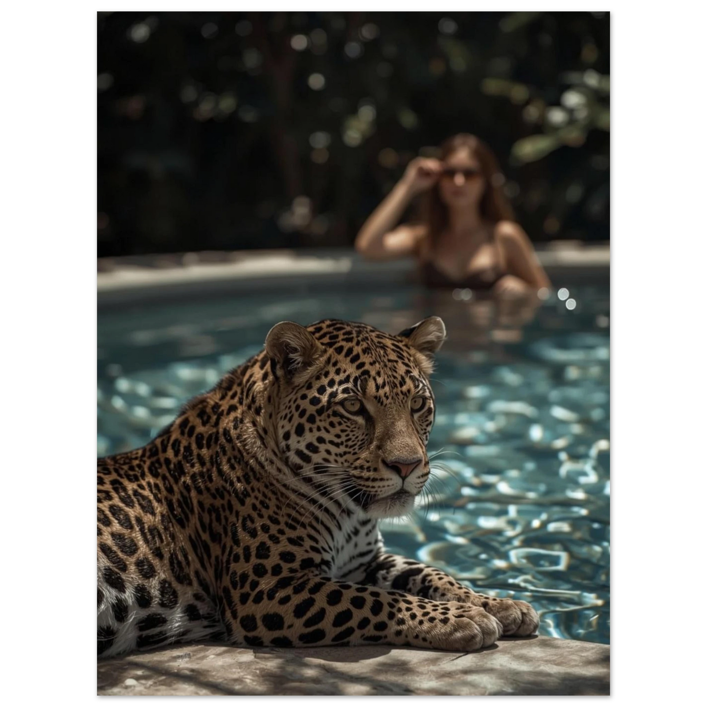 Stämningsfull fotokonst med leopard och suddig kvinna vid poolen – väggkonst