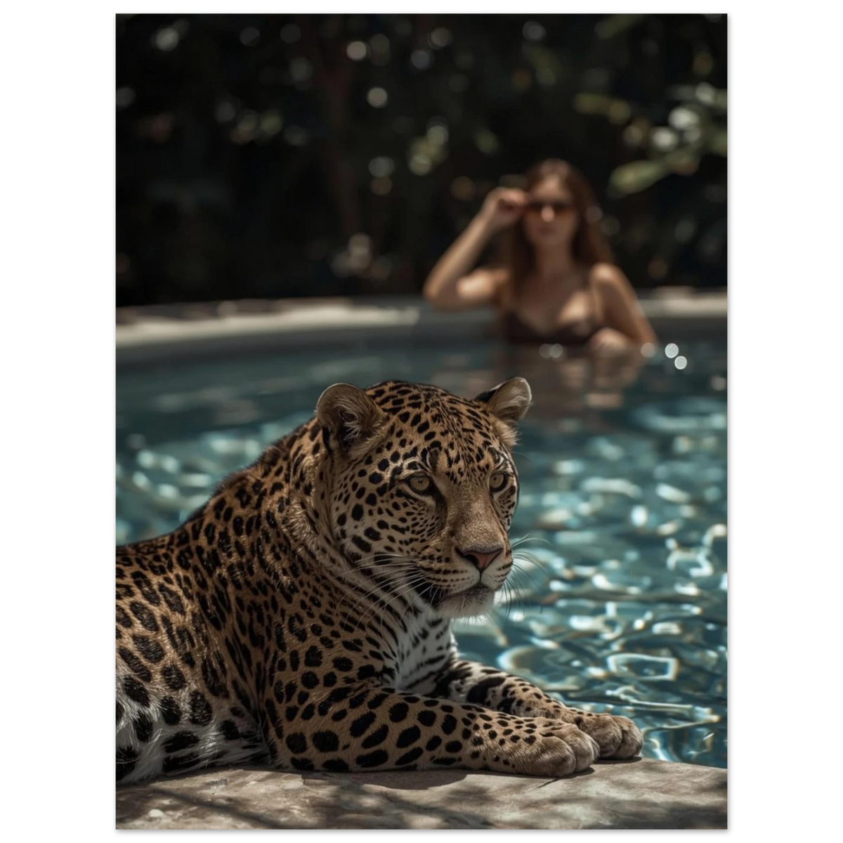 Stämningsfull fotokonst med leopard och suddig kvinna vid poolen – väggkonst