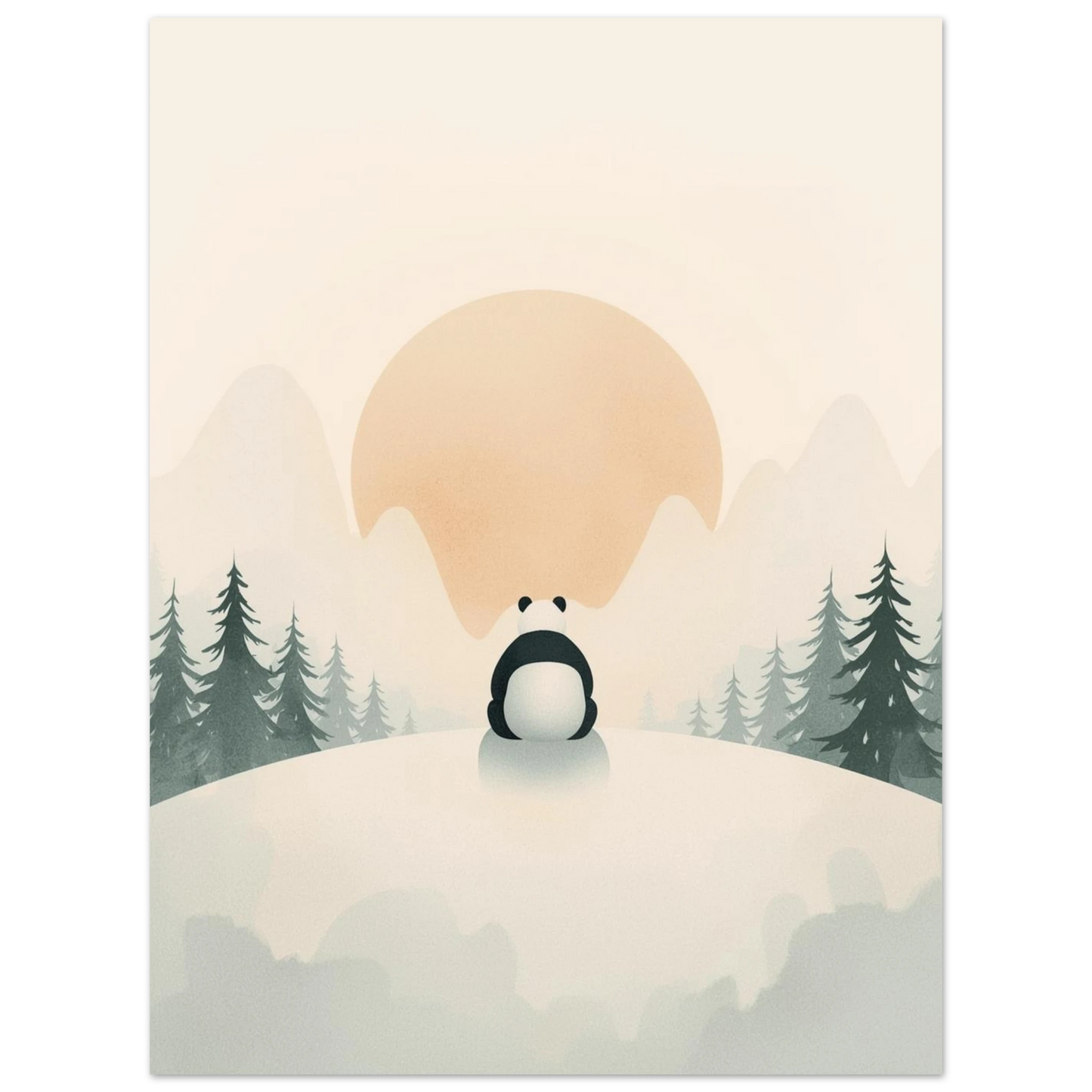 Minimalistiskt djurmotiv med panda i harmonisk natur, mjuk färgpalett