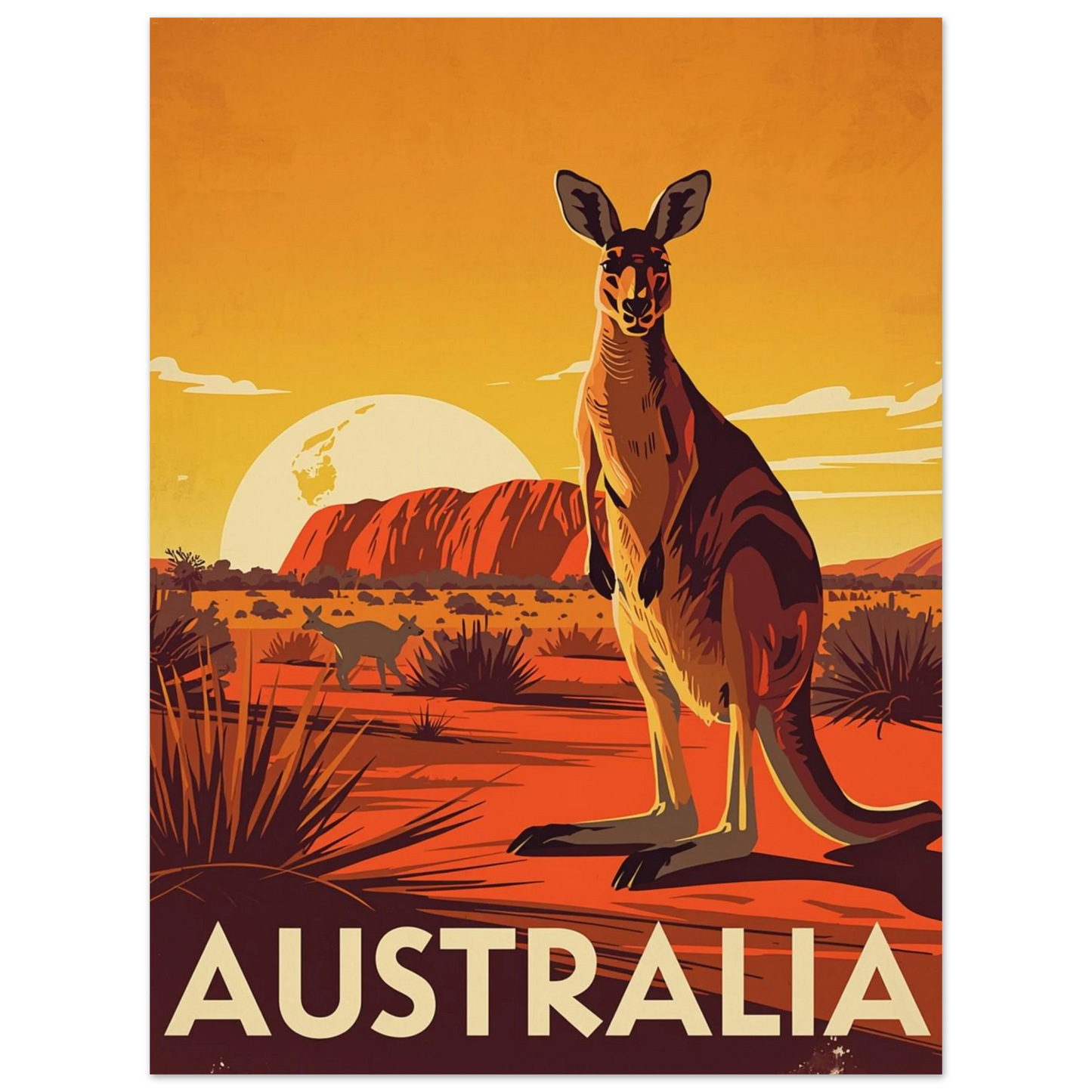Reseinspirerad djurposter med känguru och Ayers Rock i gyllene sken