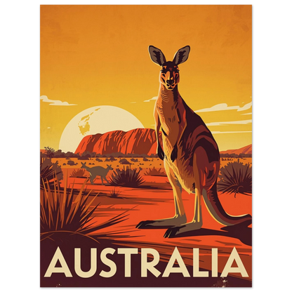Reseinspirerad djurposter med känguru och Ayers Rock i gyllene sken