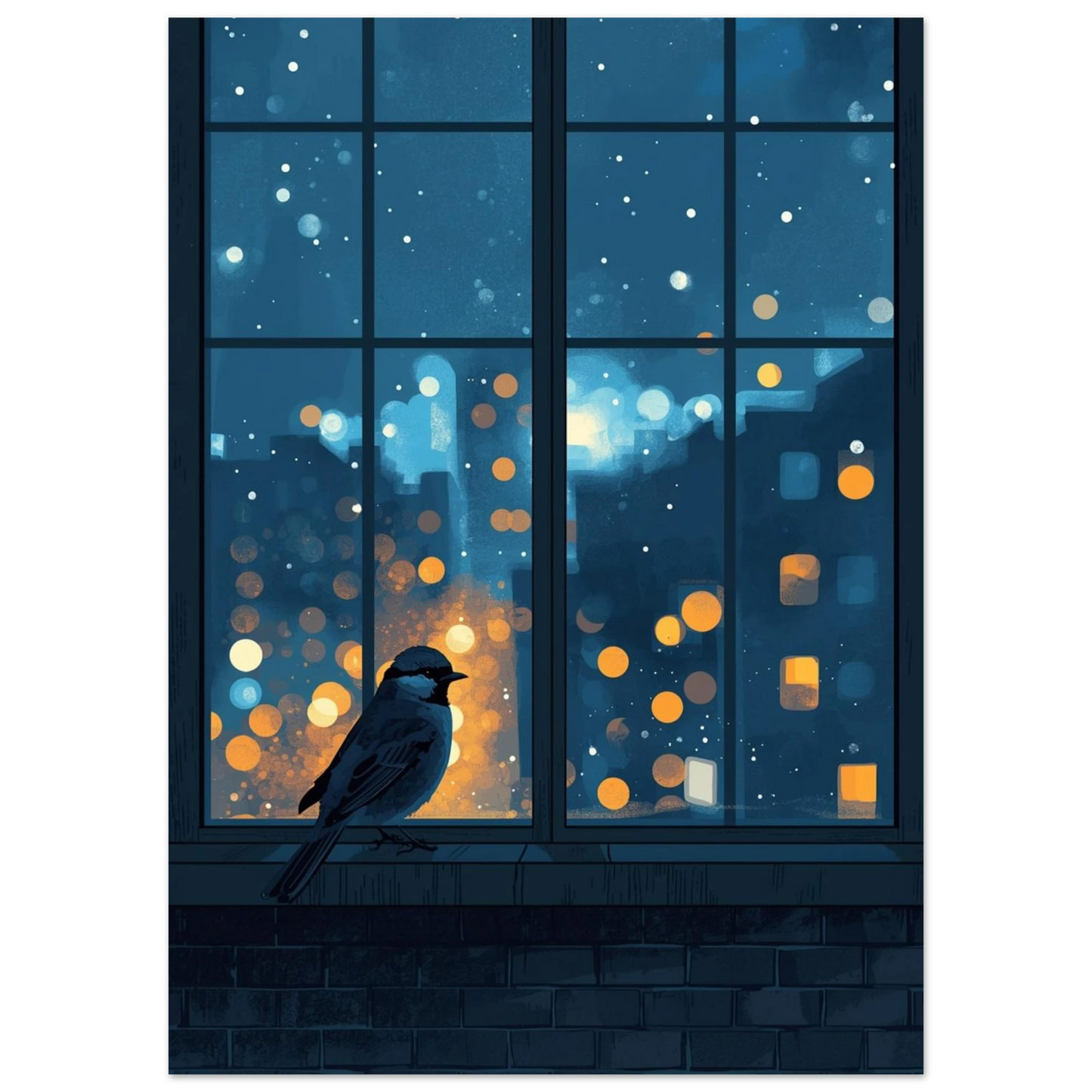 Digital illustration av fågel som blickar ut över glittrande stadsljus
