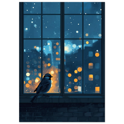 Digital illustration av fågel som blickar ut över glittrande stadsljus