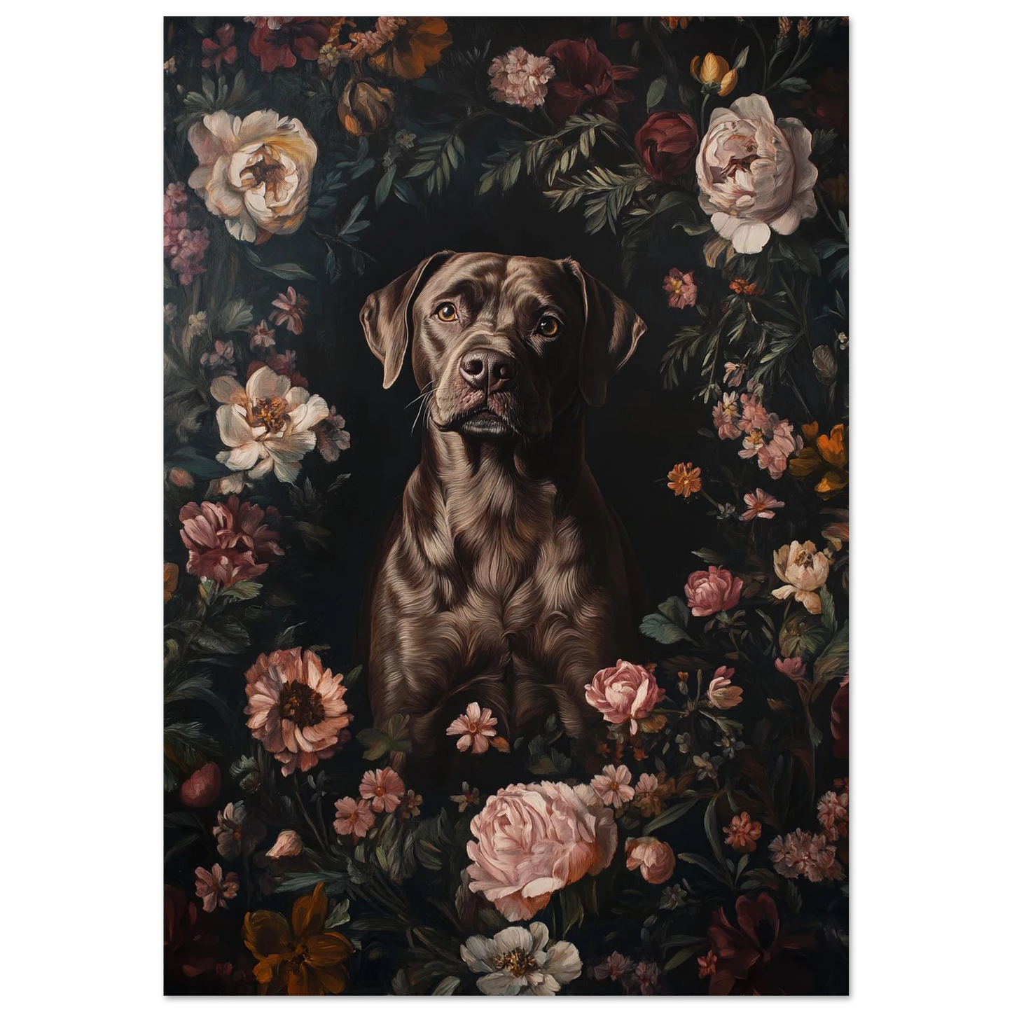 Brun labrador i mörk blomsterinramning med rosa pioner, oljemålning på svart bakgrund