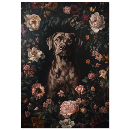 Brun labrador i mörk blomsterinramning med rosa pioner, oljemålning på svart bakgrund