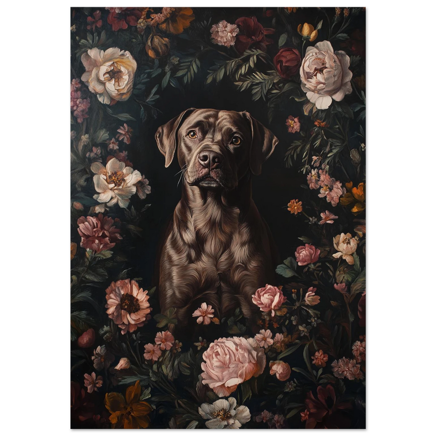 Brun labrador i mörk blomsterinramning med rosa pioner, oljemålning på svart bakgrund