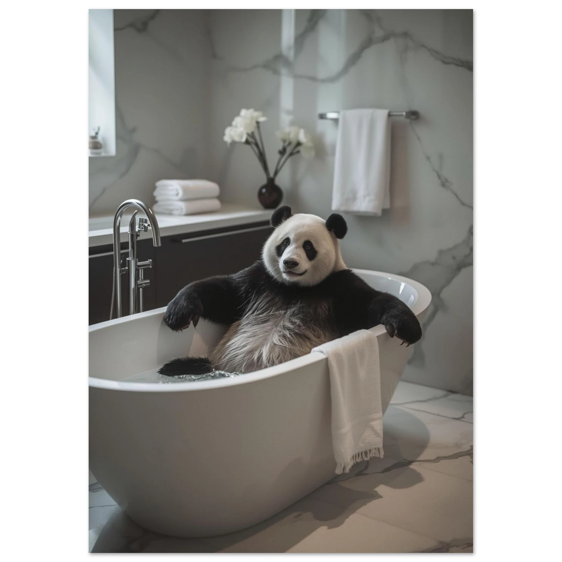 Humoristisk djurposter med en panda som vilar i ett vattenfyllt badkar