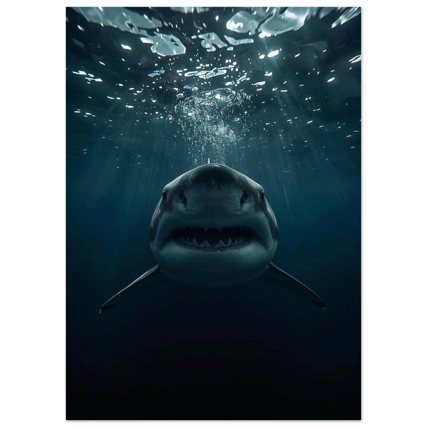 Närbild på vithajens gap under vattenytan med genomträngande ljusstrålar – havsmotiv