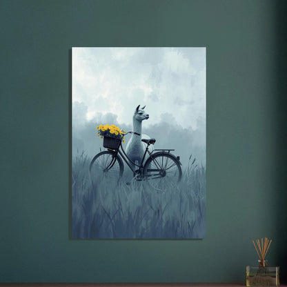 Lama i dimmig landsbygd med cykel och gula blommor.
