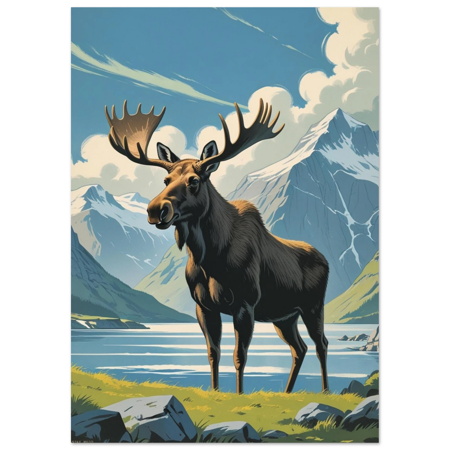 Grafisk illustration av en älg i vildmarken – skandinavisk väggkonst
