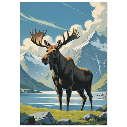 Grafisk illustration av en älg i vildmarken – skandinavisk väggkonst