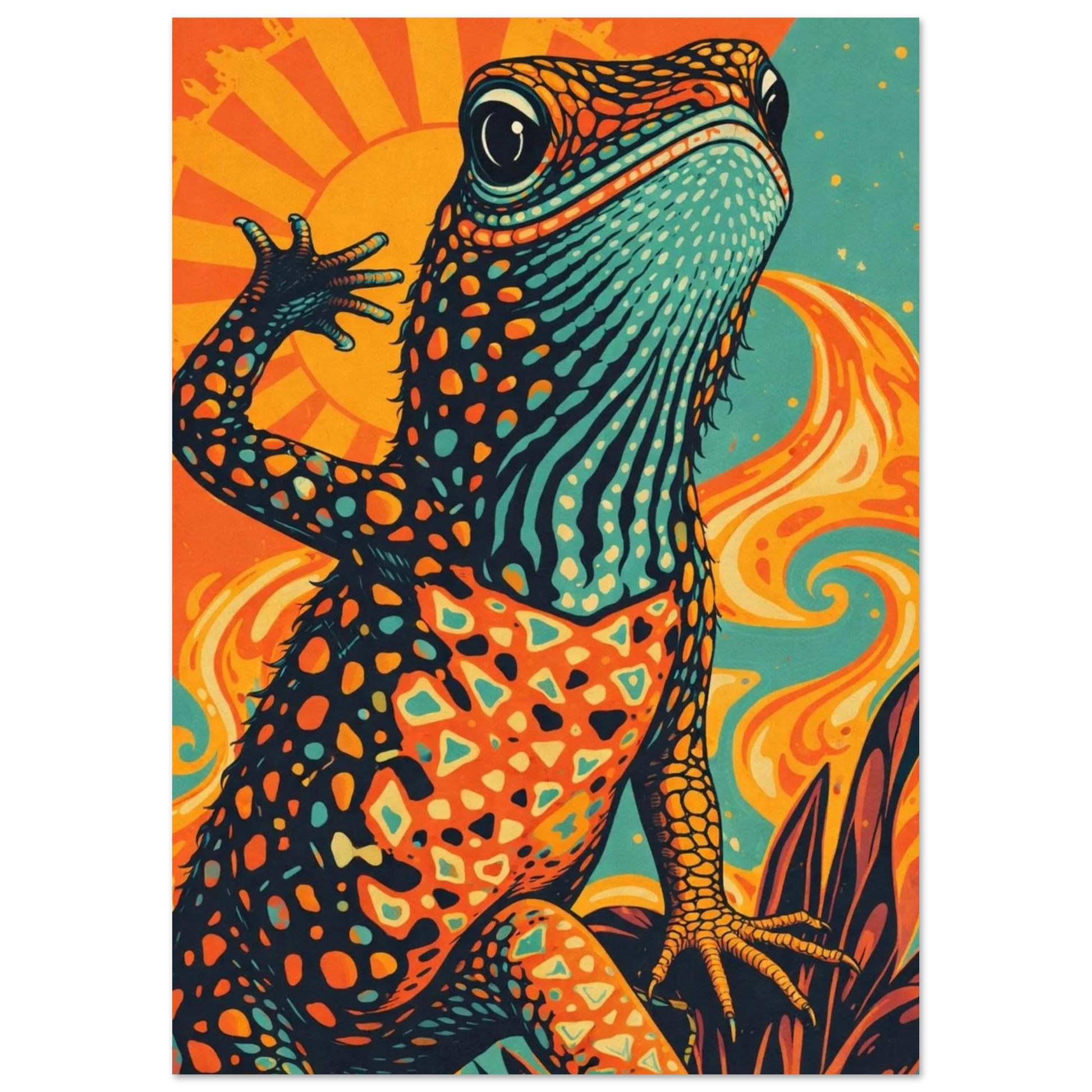 Närbild på en mönstrad ödla i starka orangea och blå färger – Retro poster