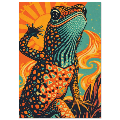 Närbild på en mönstrad ödla i starka orangea och blå färger – Retro poster