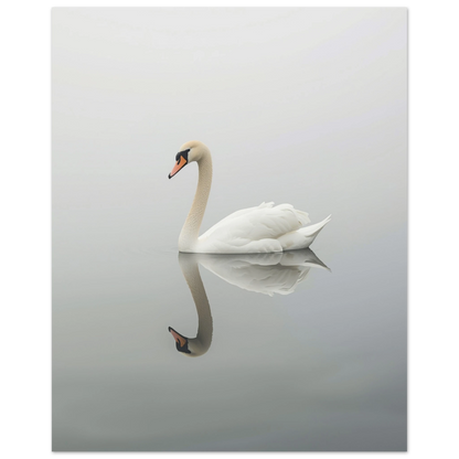 Svan med tydlig spegelbild i vattnet, grå och vit komposition – Fotorealistisk poster