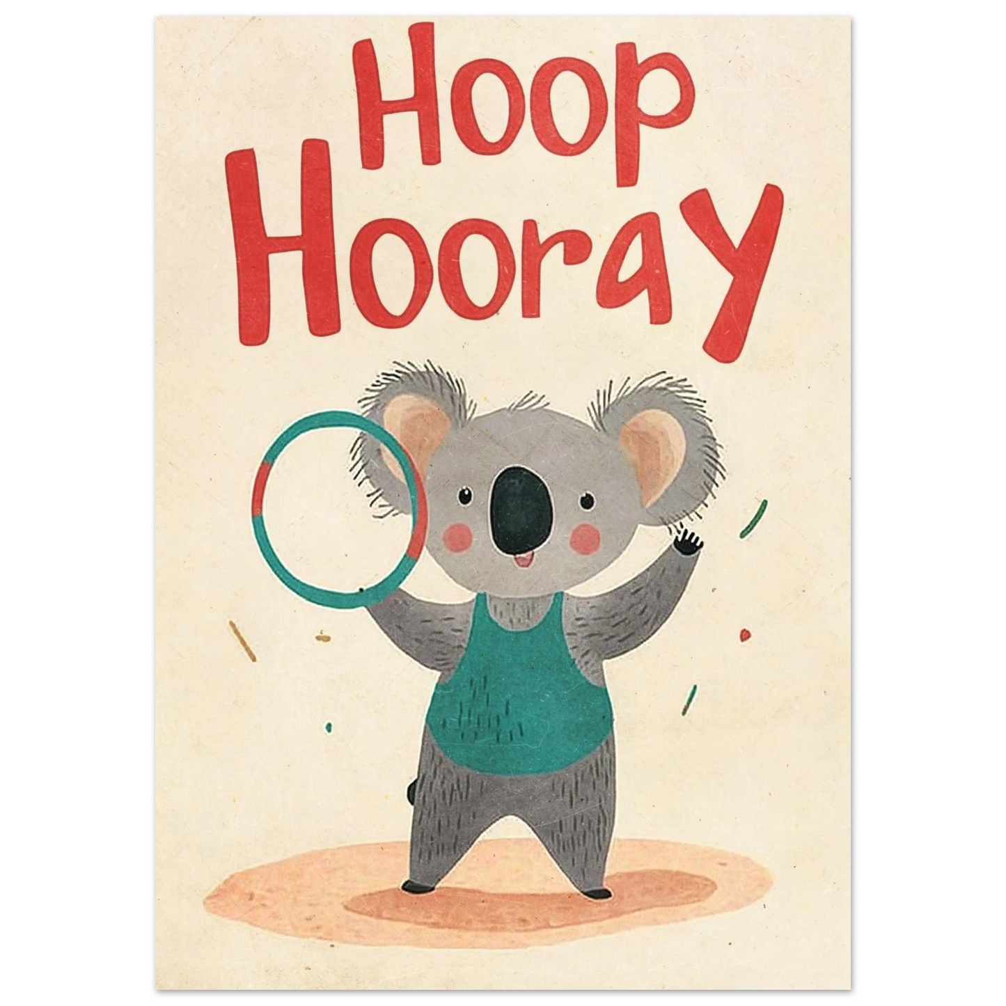 Illustration av tränande koala med texten Hoop Hoaray, djurmotiv
