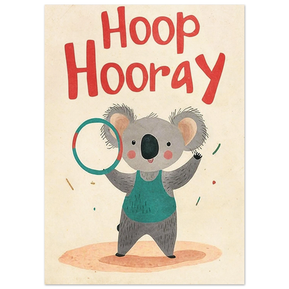 Illustration av tränande koala med texten Hoop Hoaray, djurmotiv