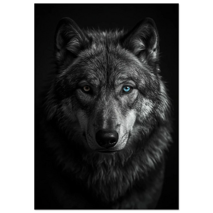 Närbild på en starkt svartvit vargs ansikte med ett gult och ett blått öga – fotorealistisk poster