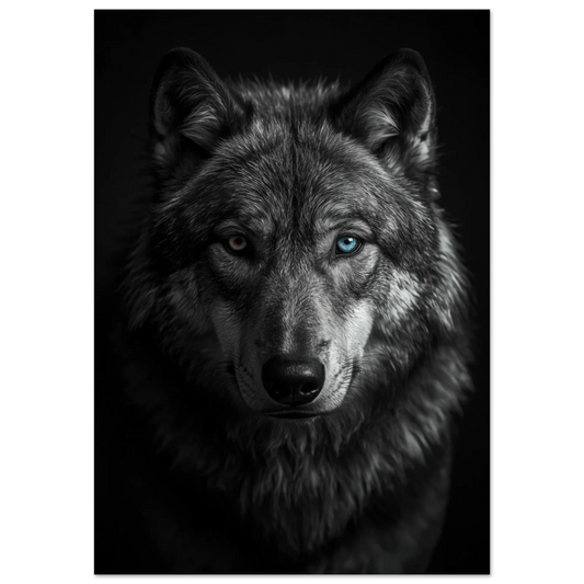 Närbild på en starkt svartvit vargs ansikte med ett gult och ett blått öga – fotorealistisk poster