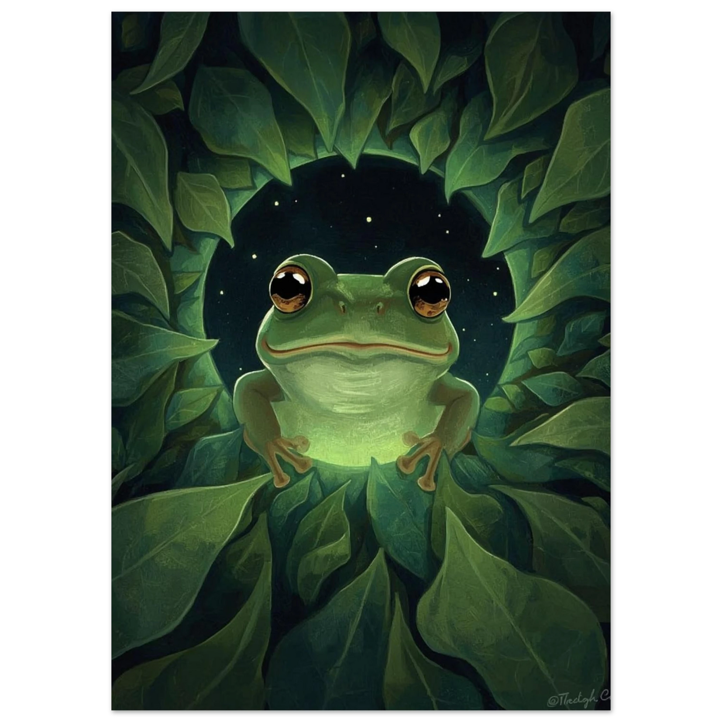 Närbild på groda som kikar fram ur gröna blad, djurposter