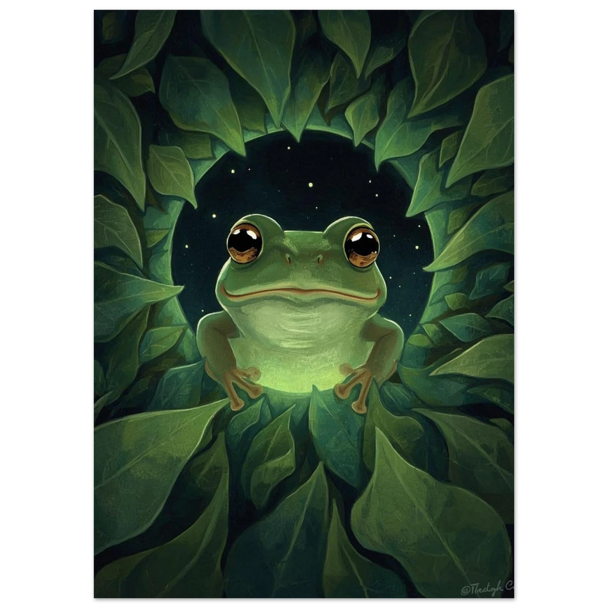 Närbild på groda som kikar fram ur gröna blad, djurposter