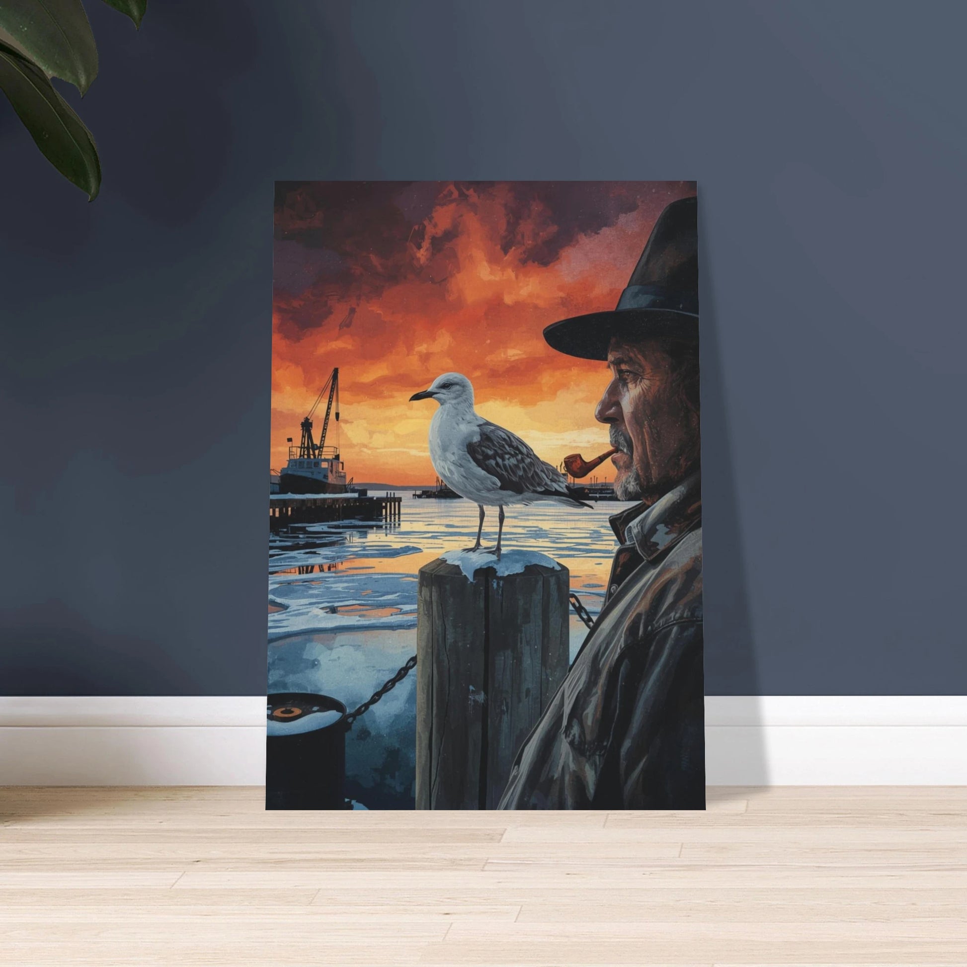 Mås på påle vid frusen hamn med man och orange himmel