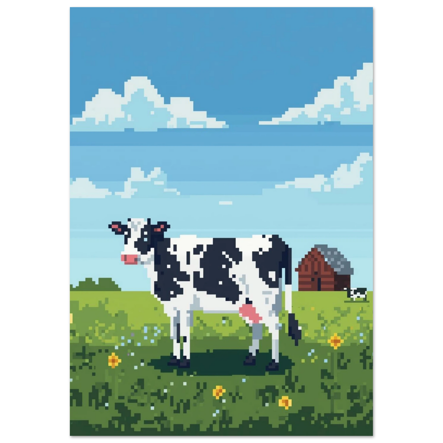 Digital illustration av kossa på blommig äng – retro djurposter