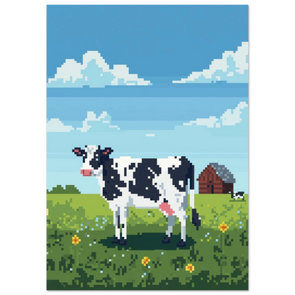 Digital illustration av kossa på blommig äng – retro djurposter