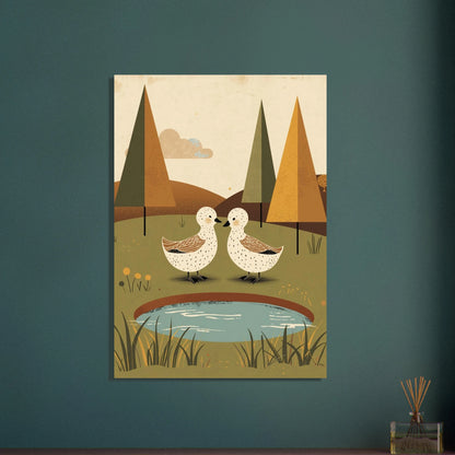 Två ankor vid en damm i en vintage 70-tals illustration.