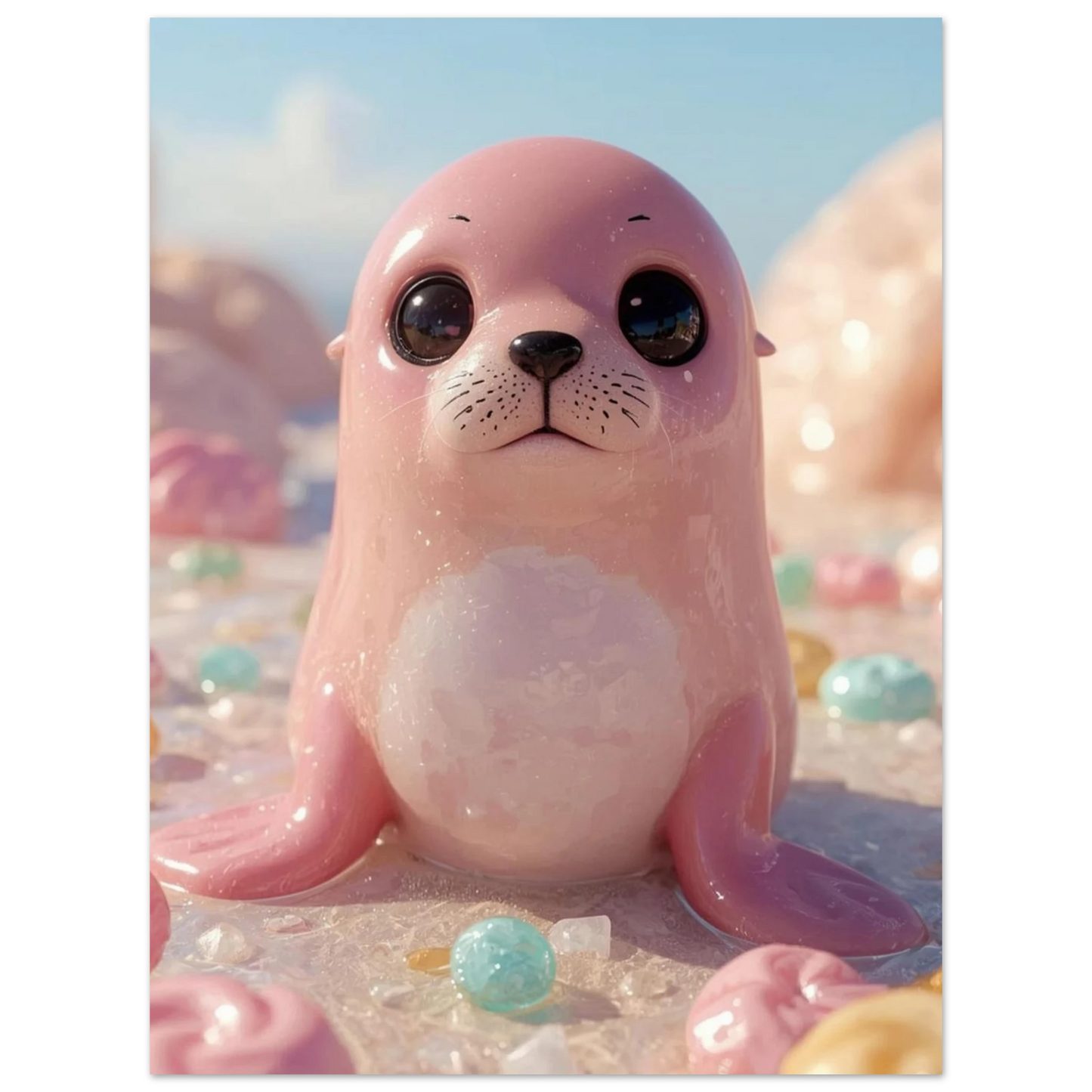 Fantasifull sälposter med motiv av en rosa sälunge i godisvärld