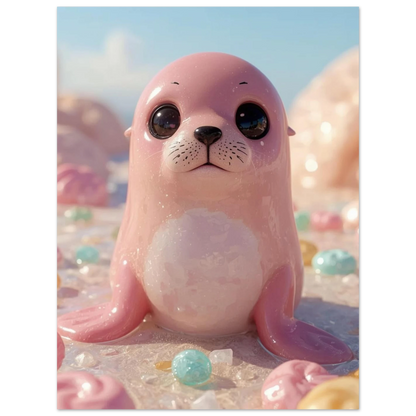Fantasifull sälposter med motiv av en rosa sälunge i godisvärld
