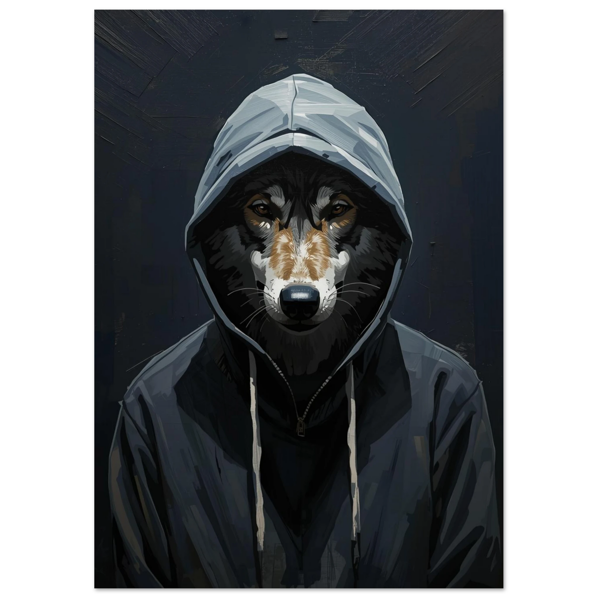 Porträtt av varg i grå hoodie mot svart bakgrund – konstposter