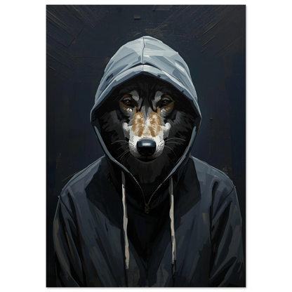 Porträtt av varg i grå hoodie mot svart bakgrund – konstposter