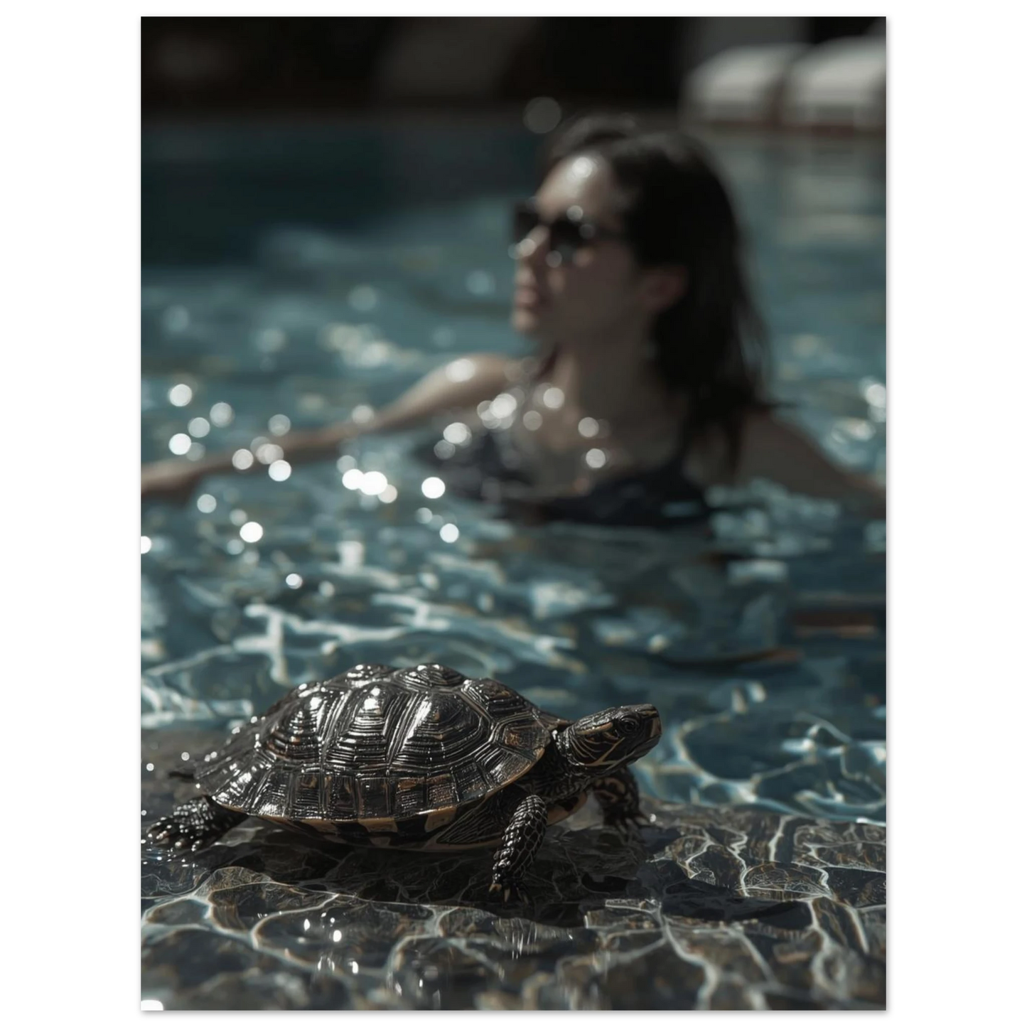 Vattensköldpadda i fokus framför suddig bakgrund med pool och person, fotoposter