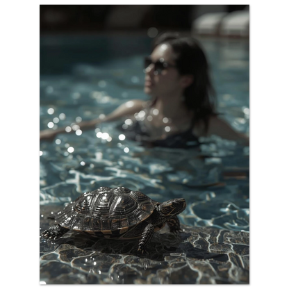 Vattensköldpadda i fokus framför suddig bakgrund med pool och person, fotoposter