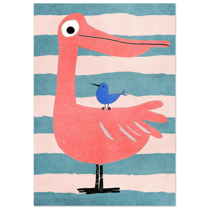 Rosa flamingo med en blå fågel på ryggen – lekfull djurposter